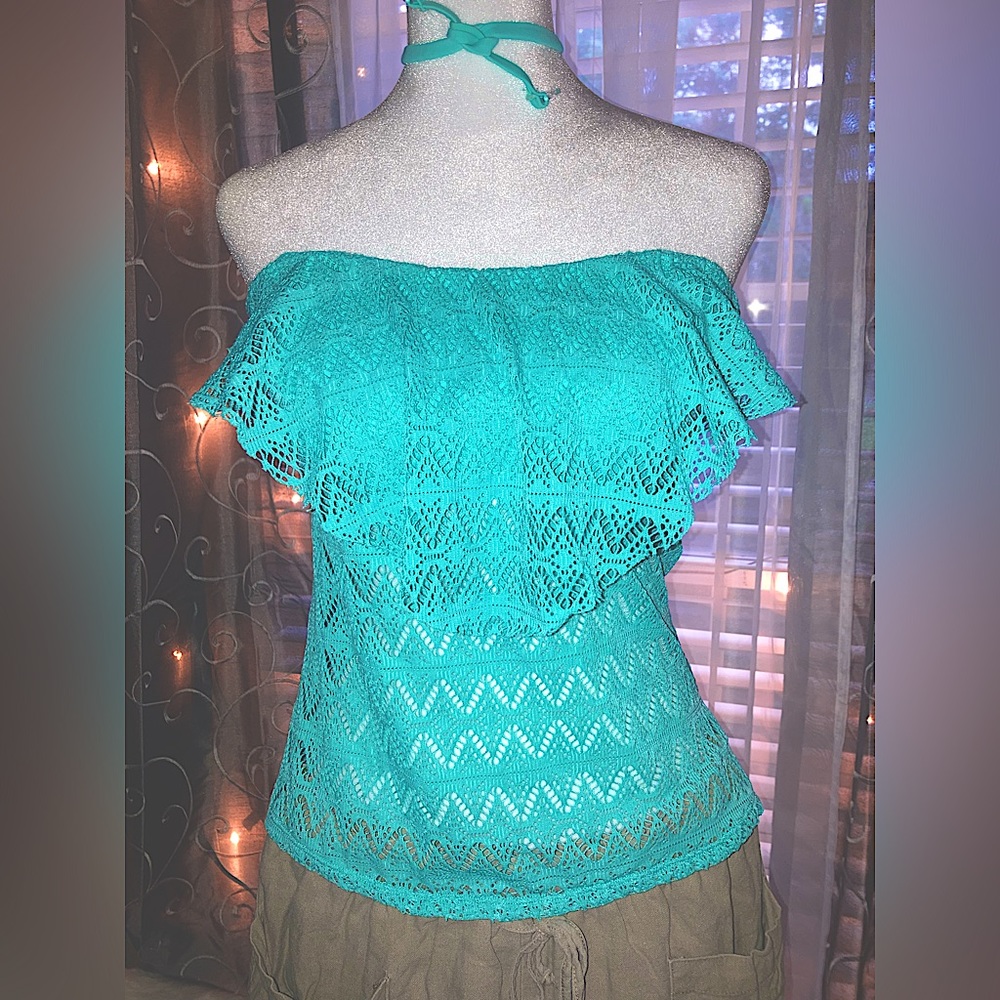 Hula Honey Turquoise Lacey Ruffled Open Back versatile Strap Bikini Top M EUC